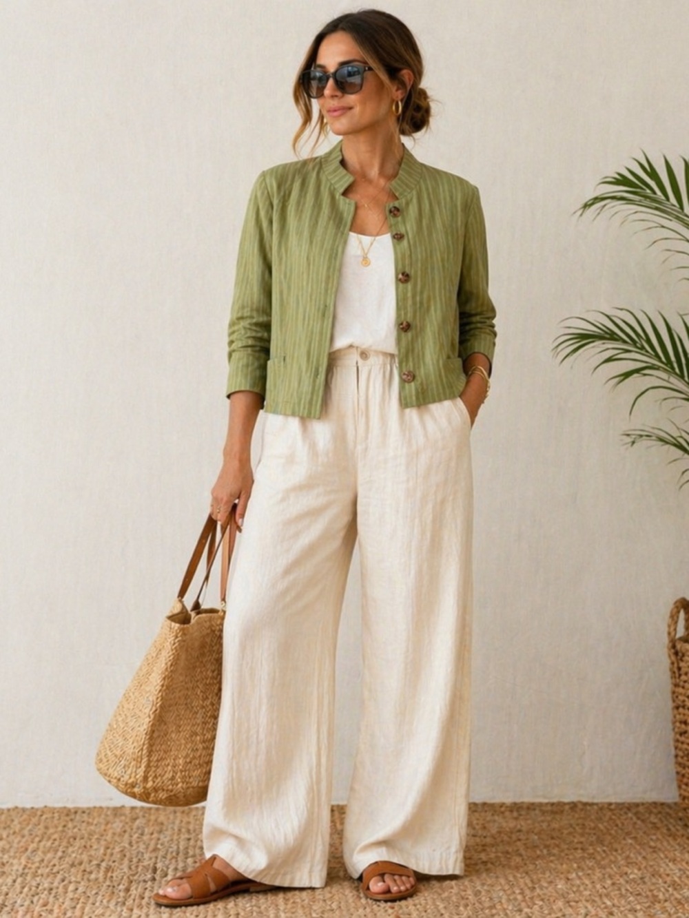 100% Linen Fridaze Mandarin Collar Green Striped Button Down Blazer